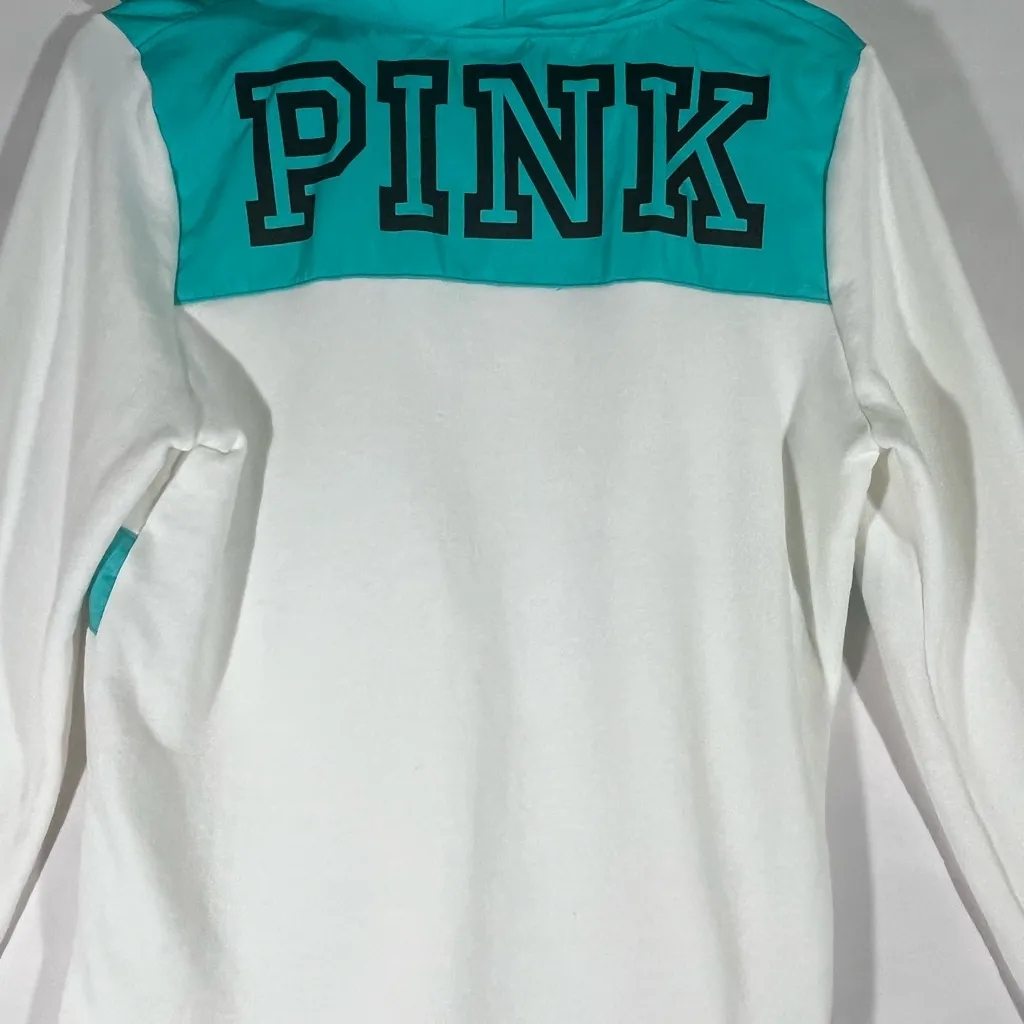 VICTORIA SECERT‎ PINK SWEATSHIRT HOODIE PULL ON 1/2 ZIP SZ S WHITE TURQUOISE NEW - Image 3