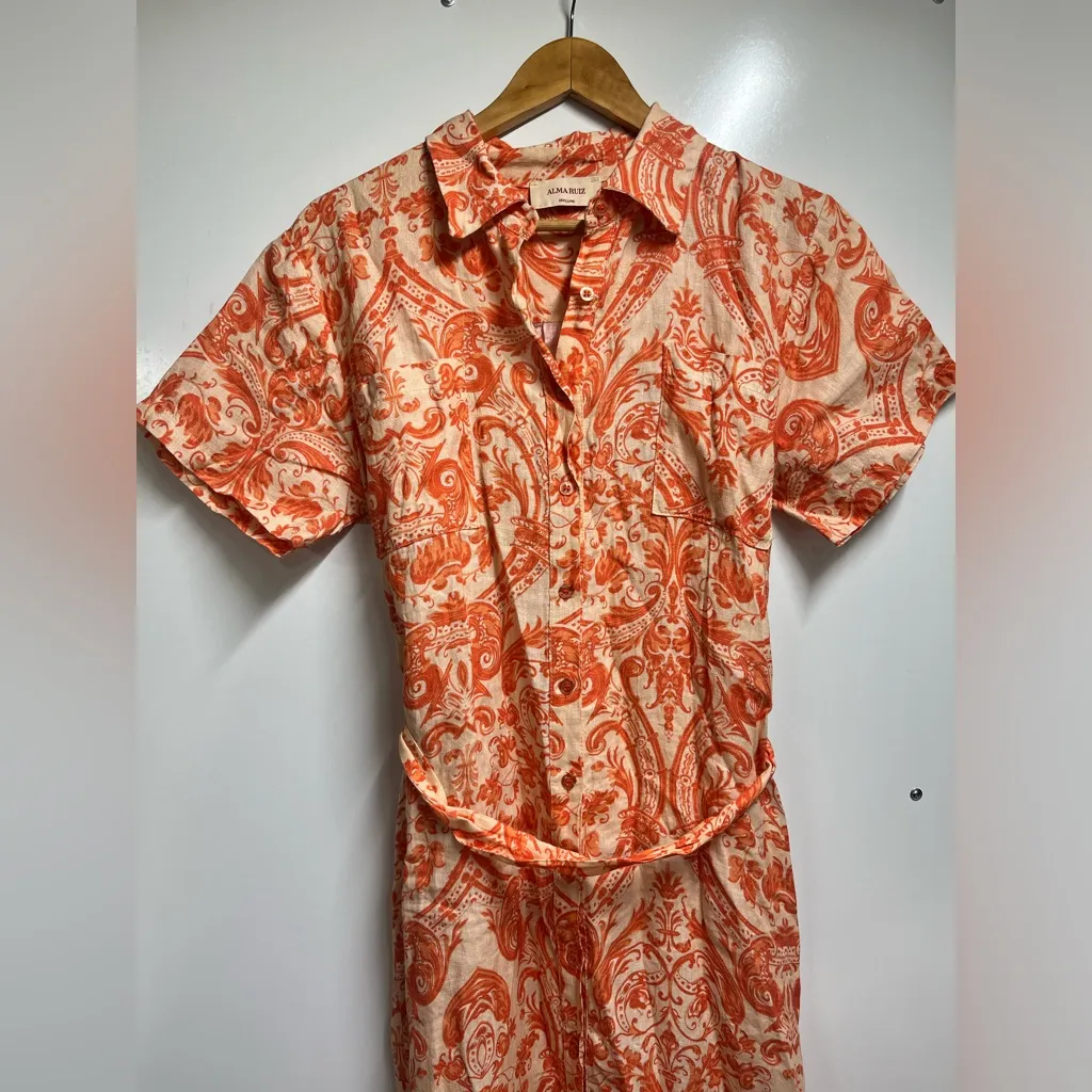 100% Lino Linen NEW Floral Paisley Print Maxi Dress Size Small Alma Ruiz Orange - Image 2