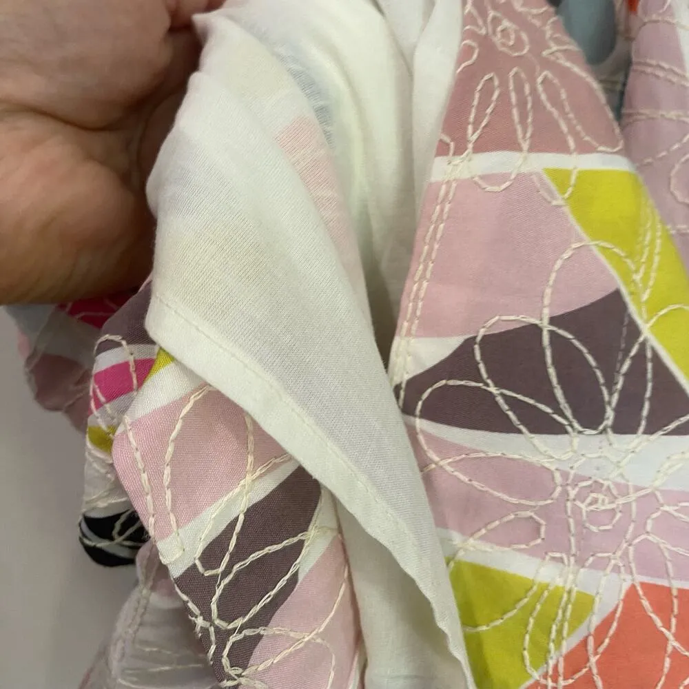 Joy Joy Embrodiered Geo Print Colorful Babydoll Mini Puff Sleeve Dress Sz XS - Image 12