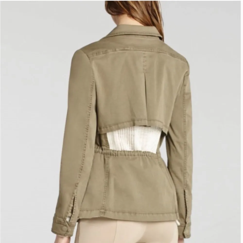 BCBG Bronnen Military Dusty Olive Green Jacket Cut Out Back Sz S - Image 2