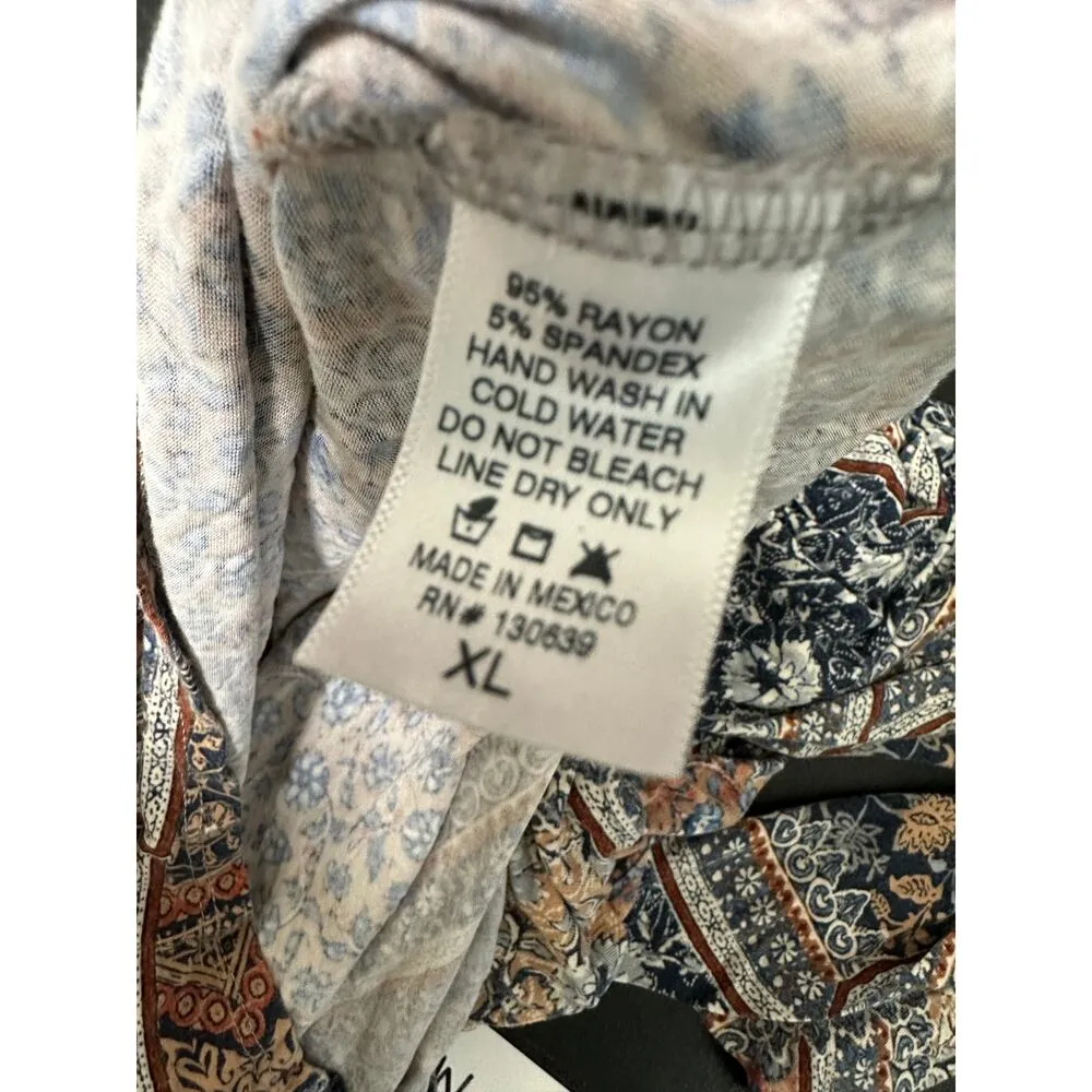 Earthbound Trading Co Blue Tan Floral Long Sleeve Romper Open Back Boho Women XL - Image 8