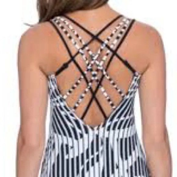 NWT Profile by Gottex Bamboo V-Neck One Piece Swimsuit Size 12 Black White - Image 10