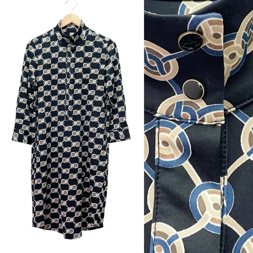 J. McLaughlin Berlin Shirt Dress Heraldic Knot Black Blue Chain Print Size Small - Image 14