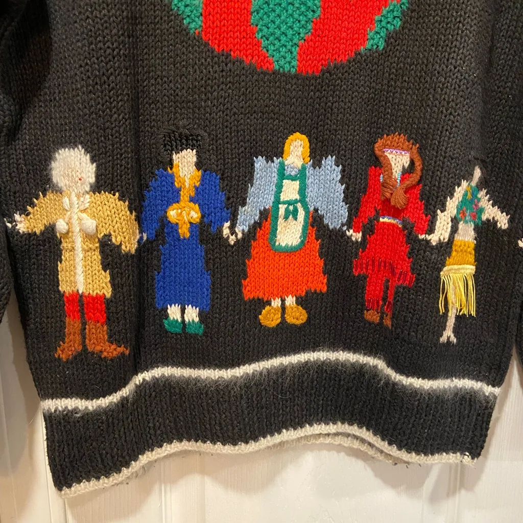 VTG Marisa Christina Size M/L Hand Knit Christmas Sweater World Peace Globe Black Size M - Image 3