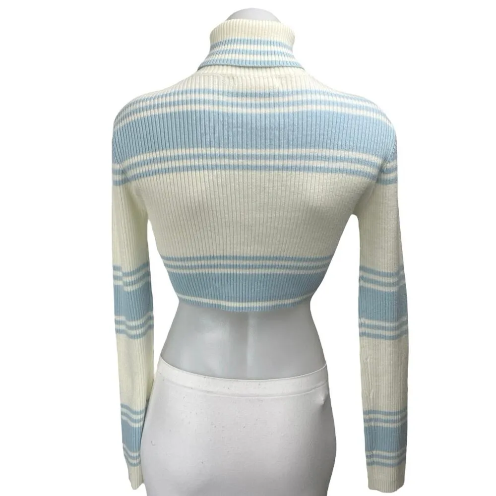 All The Ways Blue Striped Rib Knit Long Sleeve Turtleneck Crop Sweater Top Sz XS White - Image 2