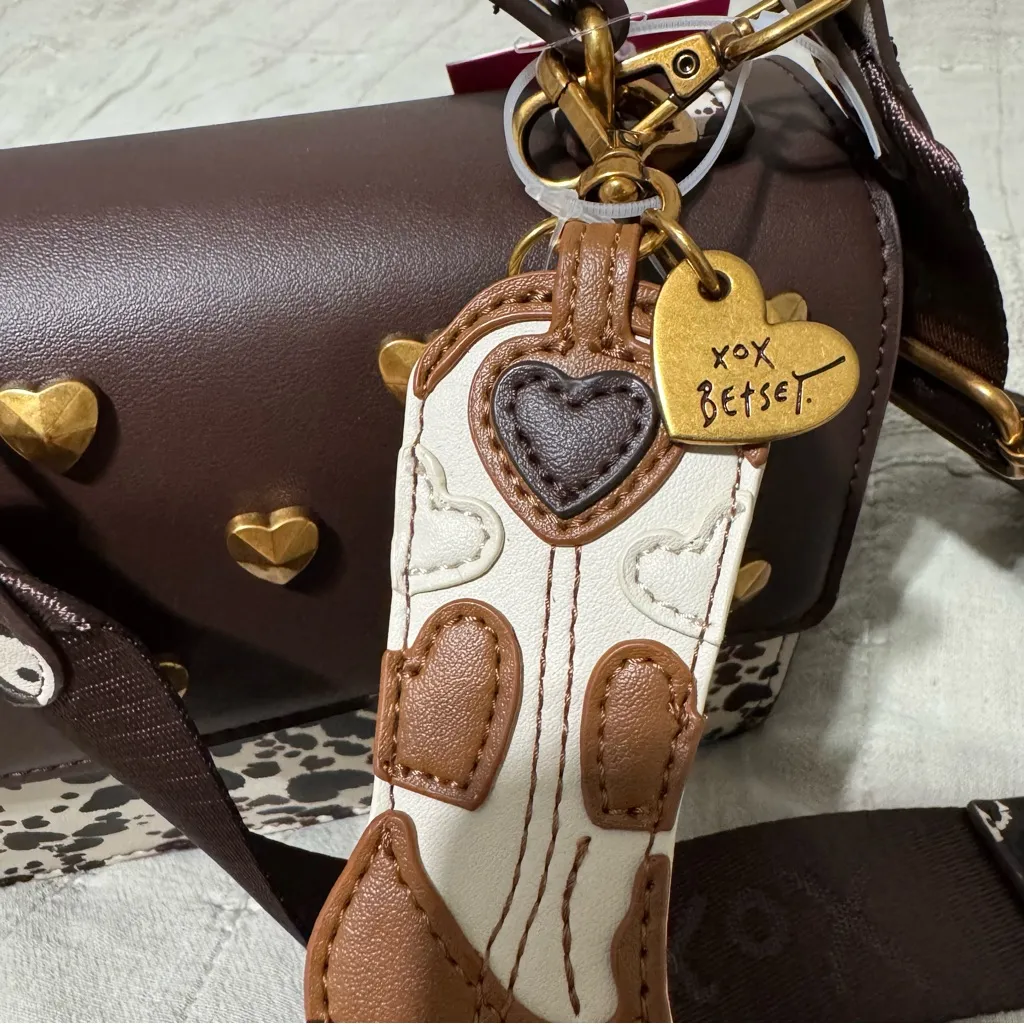 Betsey Johnson Western Brown & Black Cow Crossbody Bag with Heart Accents Charms - Image 8