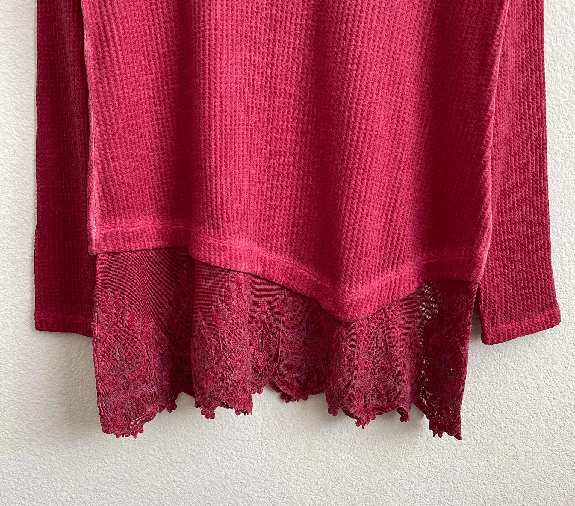 Soft Surroundings Ruby Red Jasmin Thermal Waffle Knit Lace Hem Long Sleeve Tunic - Image 4