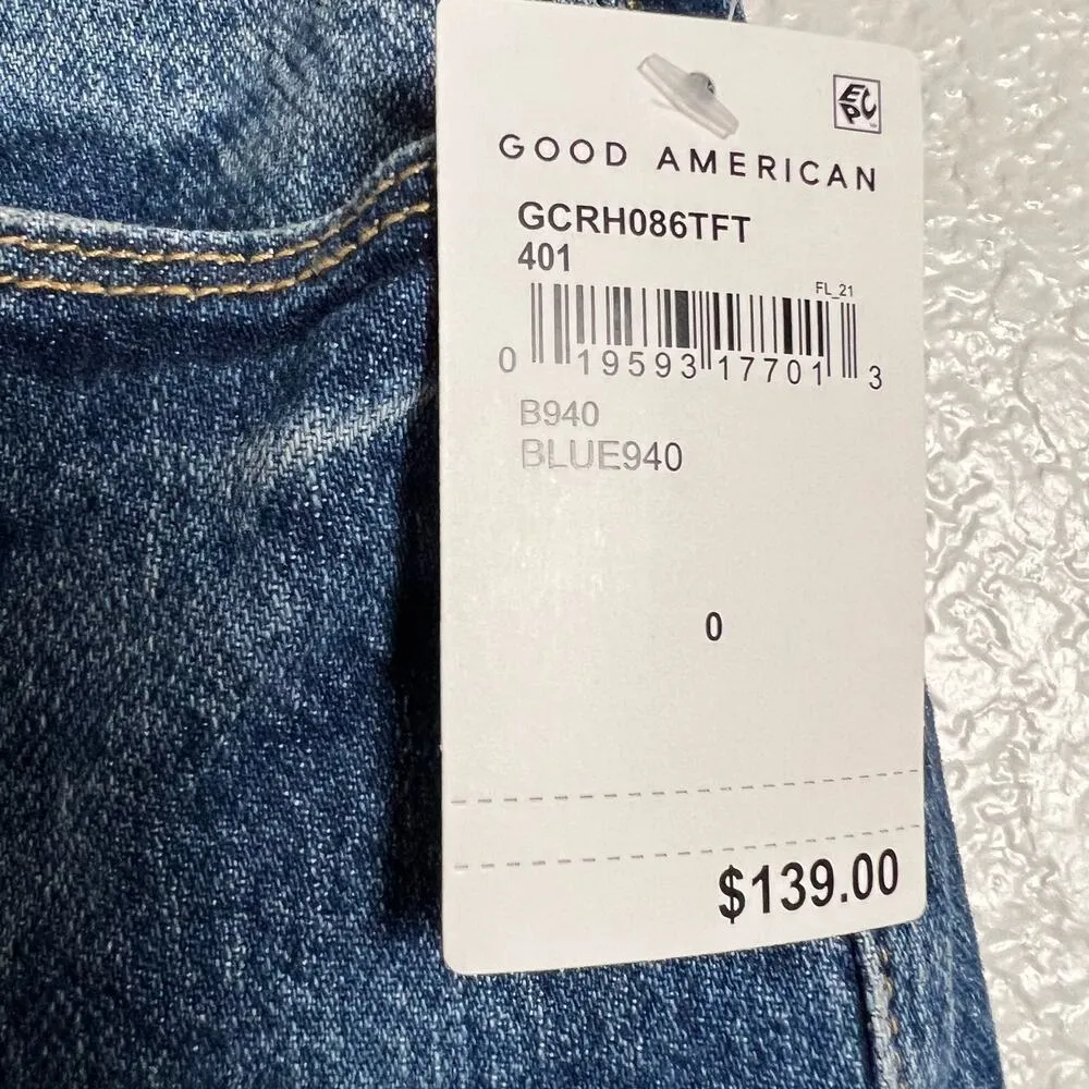 Good American Good Classic High Rise Raw Hem Denim Blue Jeans Size 0/25 NWT - Image 6