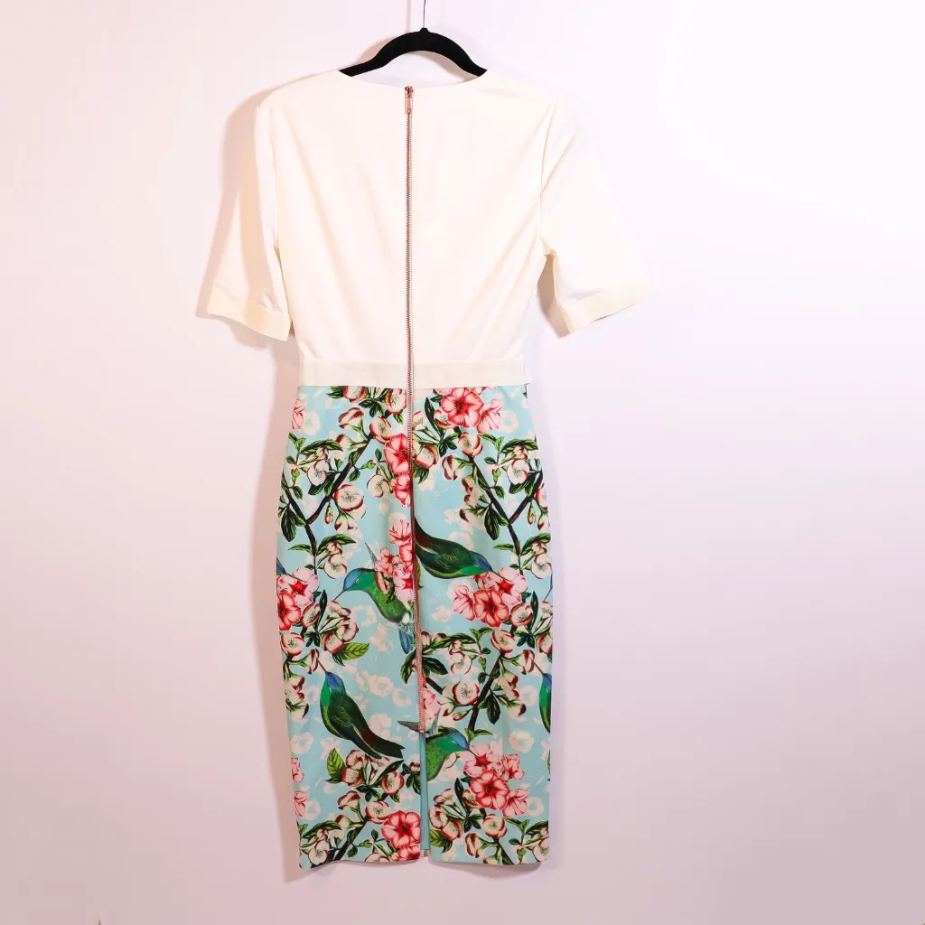 Ted Baker Julieta Nectar Bodycon Dress In Pale Green Floral Bird Print Pattern S - Image 4