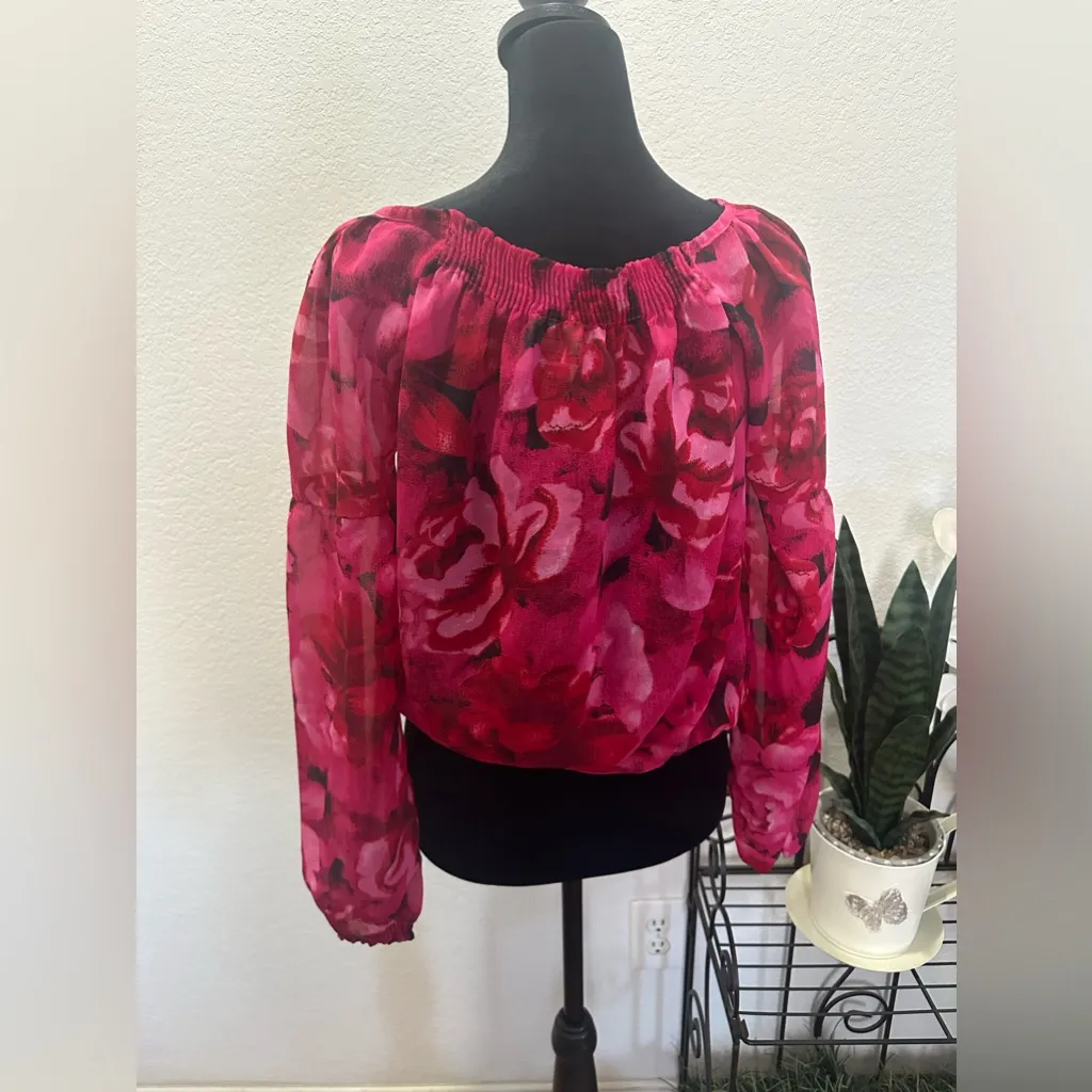 Vintage Lauren Hancock Floral Chiffon Blouse Pink Drawstring Neckline Long Med‎ - Image 3