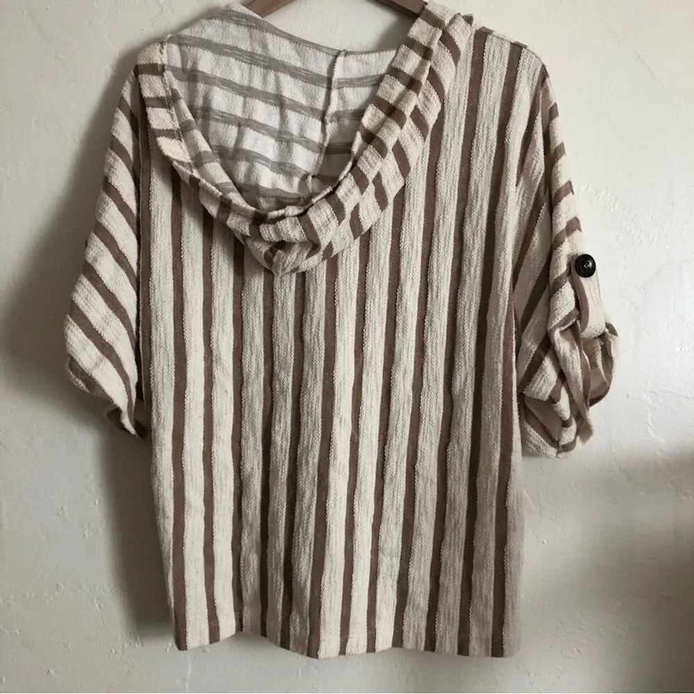 Perseption Concept Beach Boho Brown White Striped Short Sleeve Hoodie Sweater Size L - Image 6