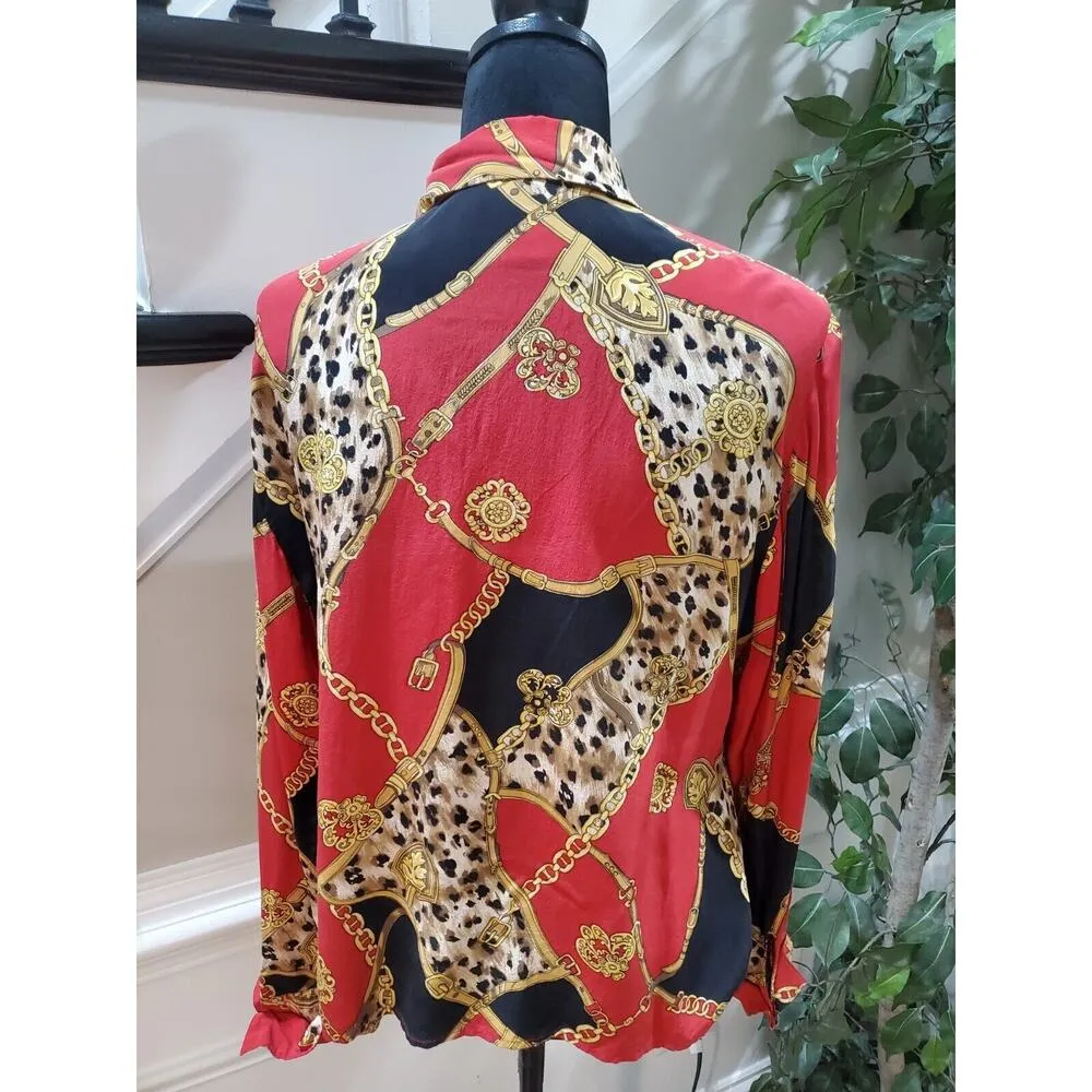 Color Fx Womens Multicolor 100% Silk Collared Long Sleeve Button Down Shirt L Red Size L - Image 7