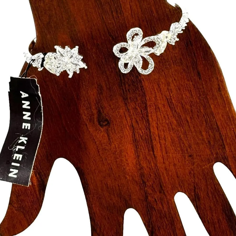 NEW Anne Klein Delicate Silver Rhinestone & Crystal Flowers Cuff Bracelet - Image 2
