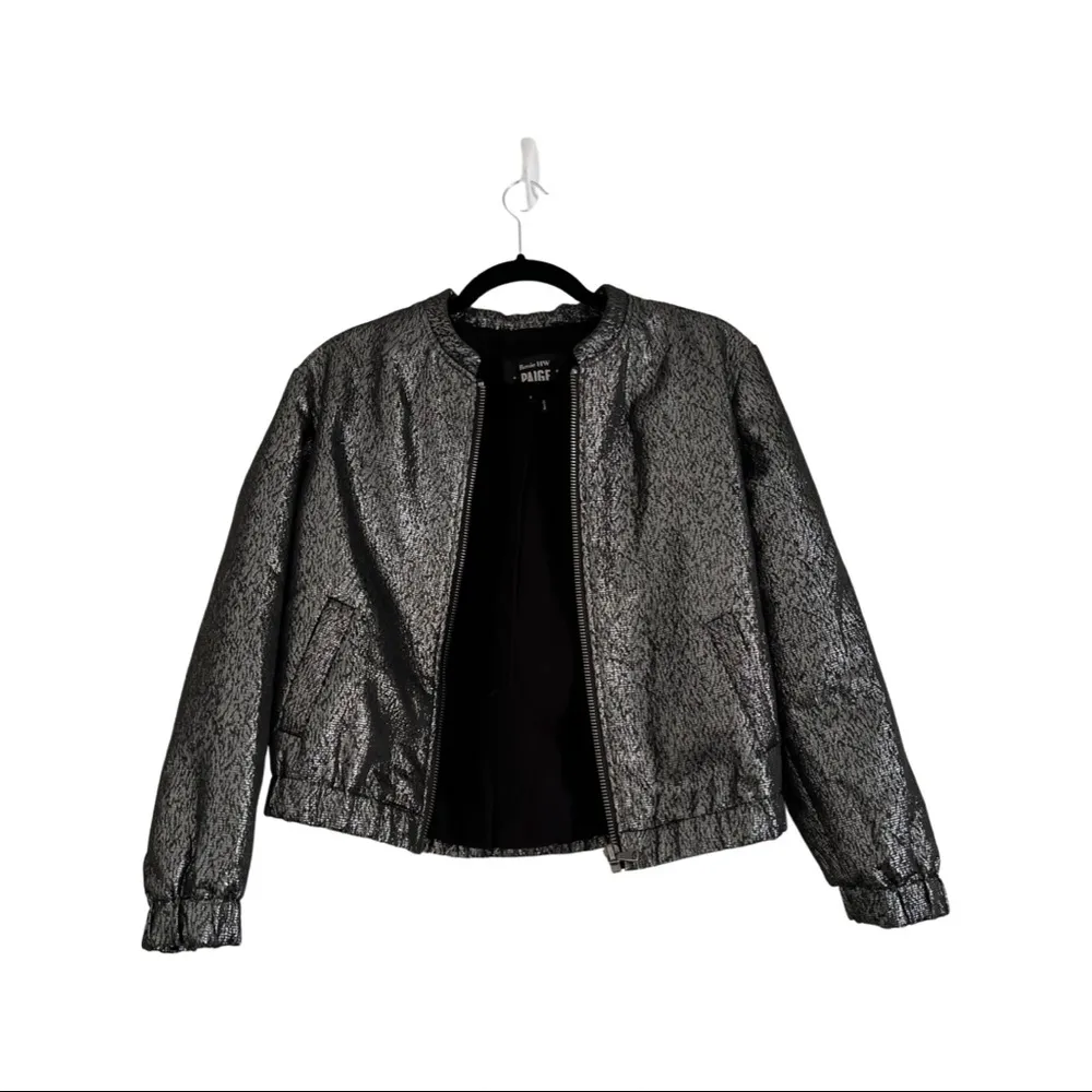 PAIGE x Rosie Huntington-Whitel Metallic Boxy Cropped Bomber Jacket Silv… - Image 42