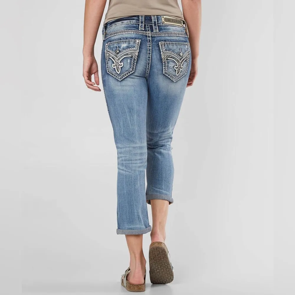 ROCK REVIVAL Hettie Stretch Cropped Jean Distressed Bling Pockets Size 27 - Image 2