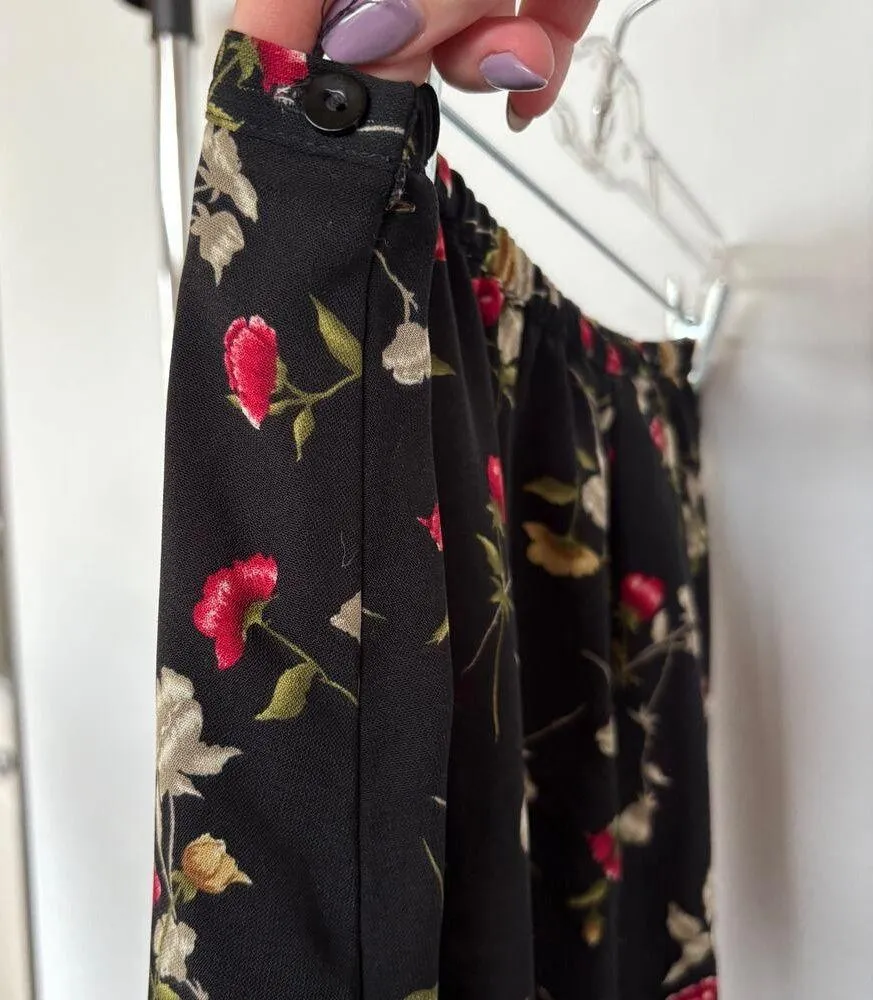 Vintage 90s Whimsigoth Black Roses Dainty Floral Vamp Midi Skirt - Image 5