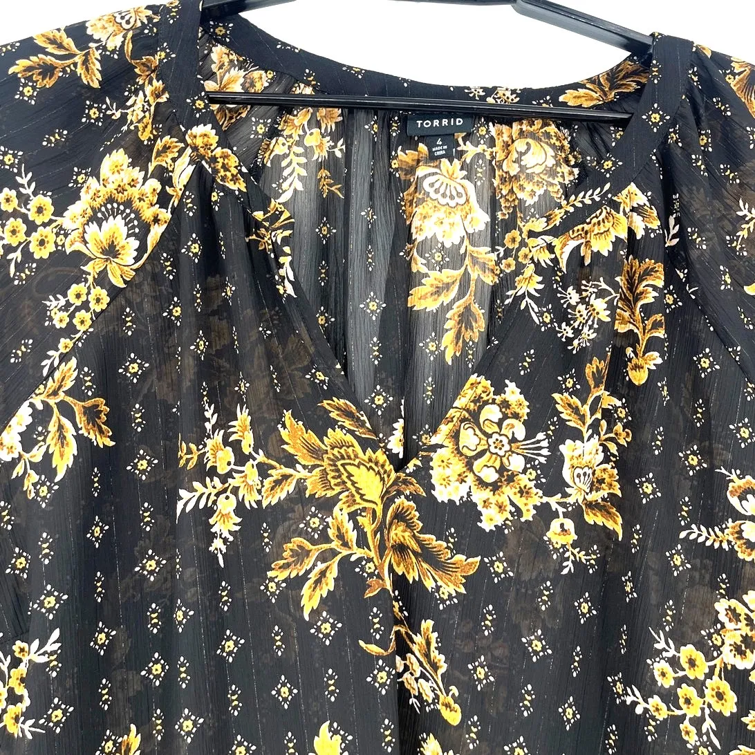 Torrid Sheer Boho Floral Top Sz 4X Black Peasant Chiffon Dark Fairy Flowy Witchy - Image 2