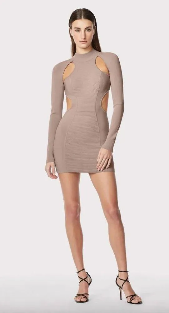 HERVE LEGER Ottoman Cutout Long Sleeve Minidress Fawn Womens Size Large - Image 2