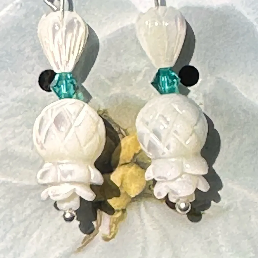 Hand Carved Mother of Pearl Shell Pikake Flower Pineapple Threader Earrings - Image 3