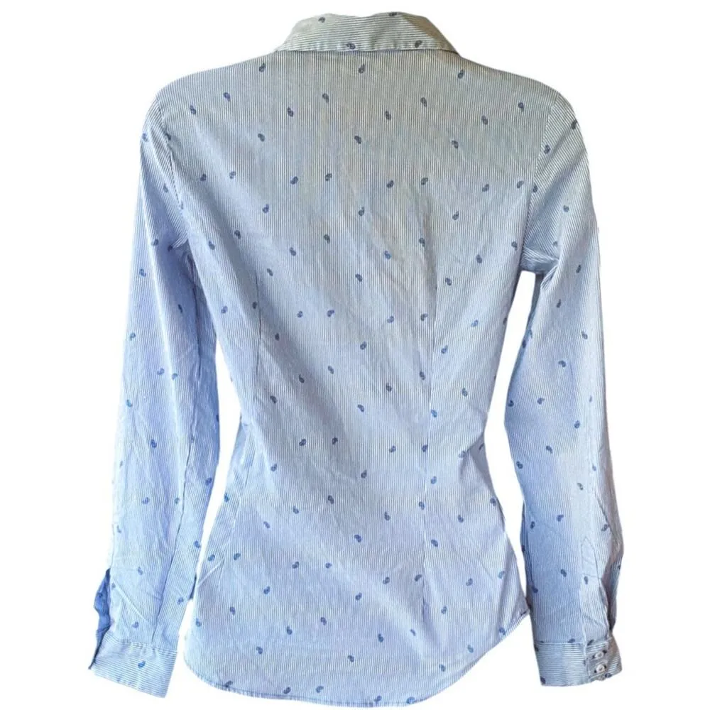 ZARA Blue & White Pinstripe Paisley Button Up Casual Pullover Shirt ~ Women's XS - Image 3