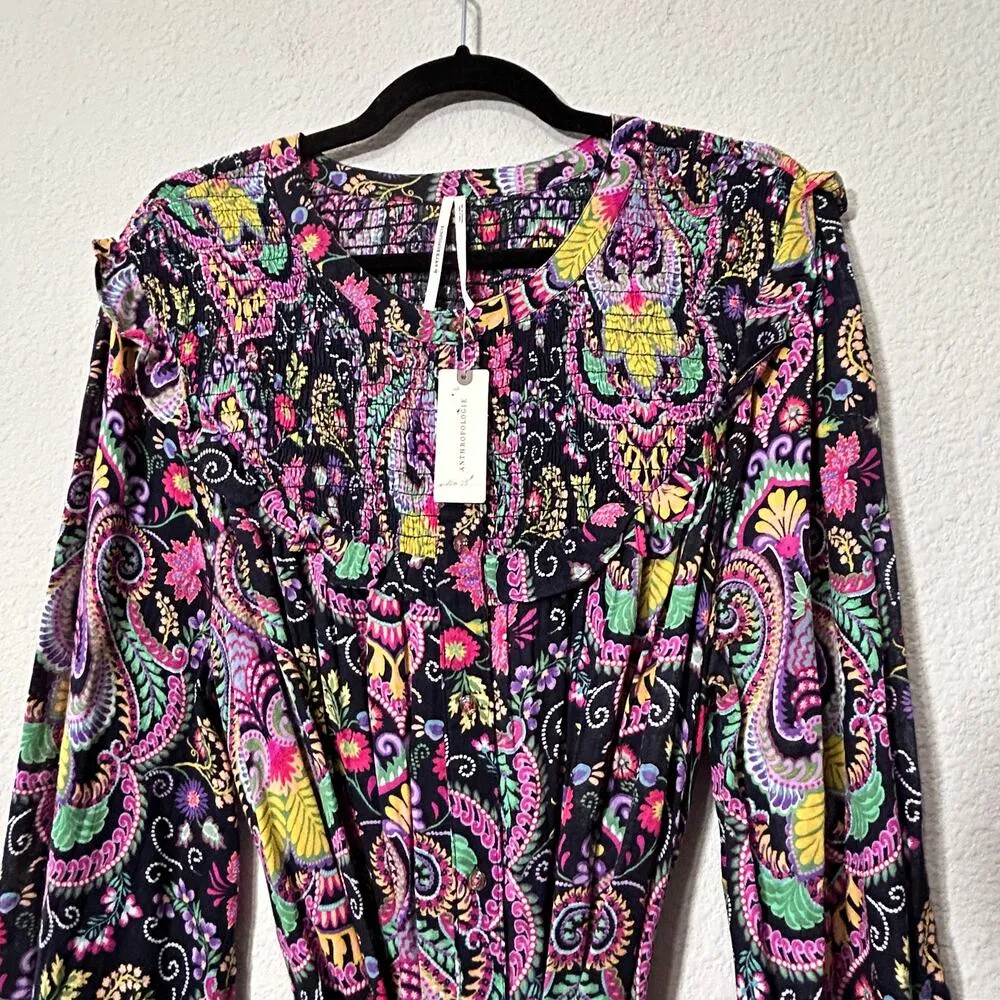 By Anthropologie Tunisian Tunic Paisley Vibrant Smocked Collar NWT Large Coverup - Image 6