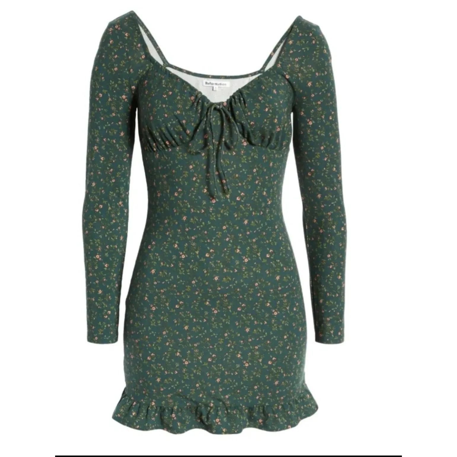 REFORMATION ANJELINE CORIANDER GREEN FLORAL LONG SLEEVE MINI DRESS  XS - Image 4