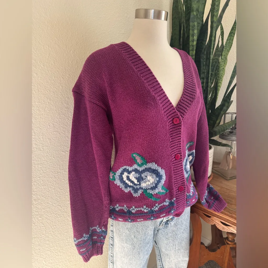 Vintage Chunky Floral Knit Ramie Cotton Sweater S 90s Purple - Image 3