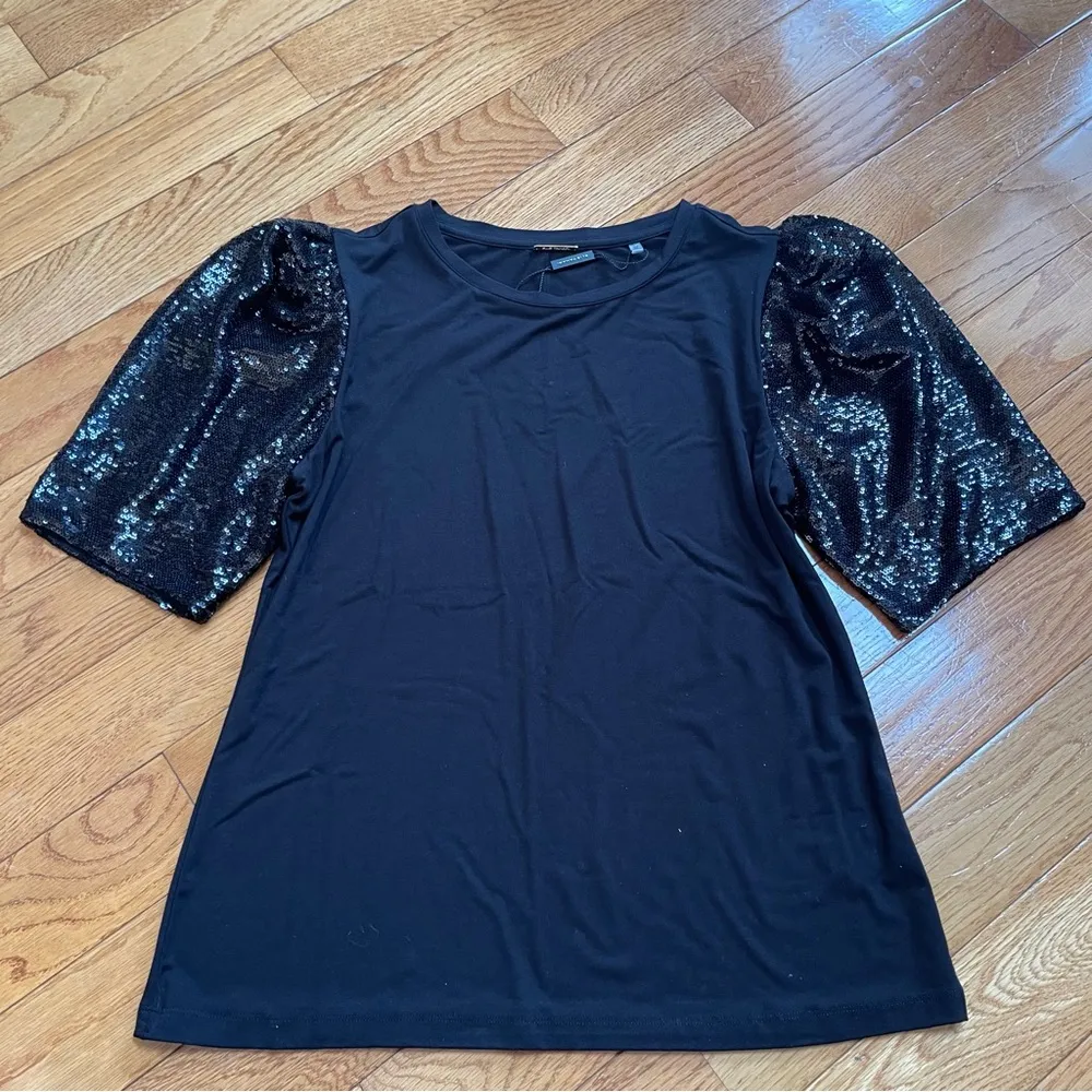 ELIE TAHARI Sequin Puff Sleeve T-Shirt Blouse Black Sz L - Image 11