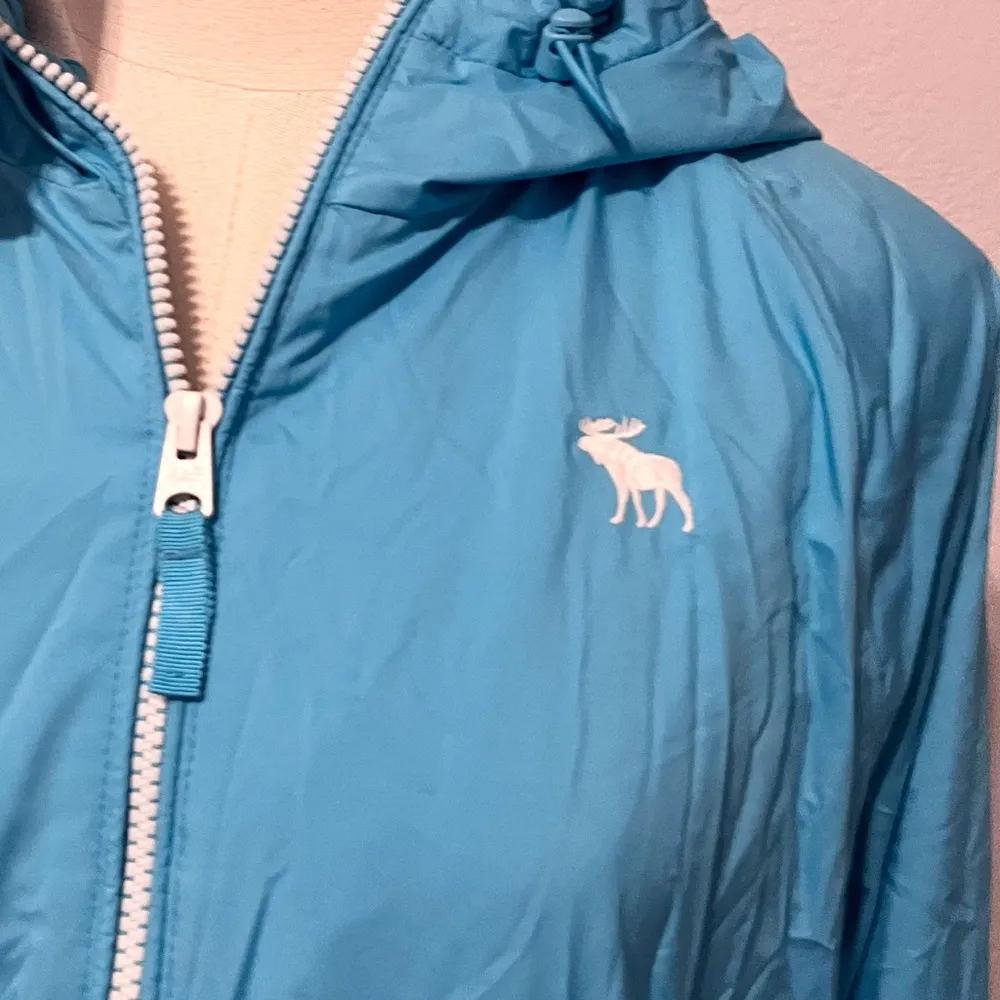 ABERCROMBIE & FITCH Womens Turquoise Blue Zip Up Hooded Windbreaker Jacket Large - Image 3