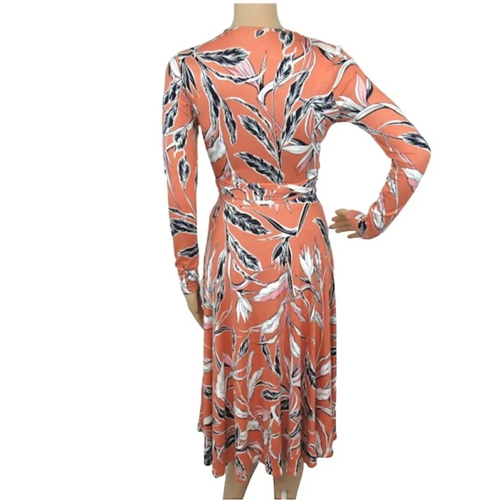 Around Town Jersey Knit Feather Print Wrap Dress Women’s Size XS/S - Image 4