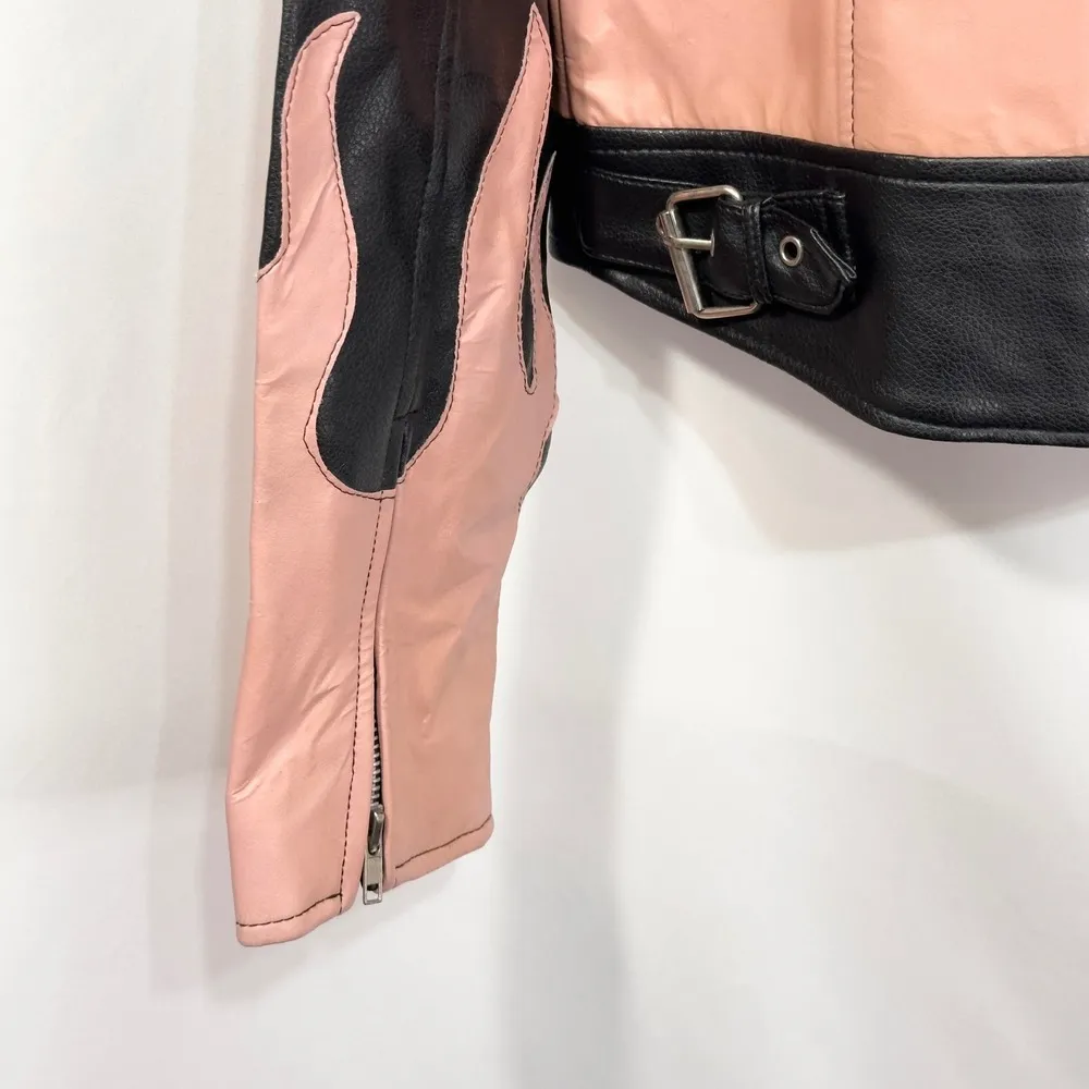 VTG Diamond Plate Womens Large Faux Leather Jacket Black Pink Flame Moto Biker D - Image 11