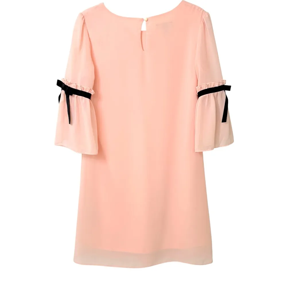 Y2K Ally B. Dainty Feminine Pink Chiffon Dress S Bow Bell Sleeve Fairy Coquette - Image 2