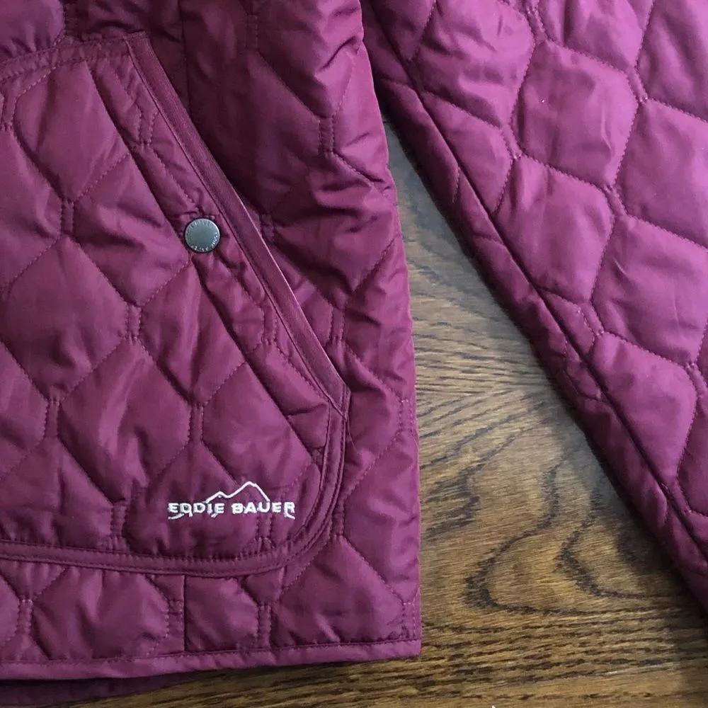 EDDIE BAUER Women’s Wine Burgundy Embroidered Diamond Pattern Quilted Coat Sz LG - Image 8