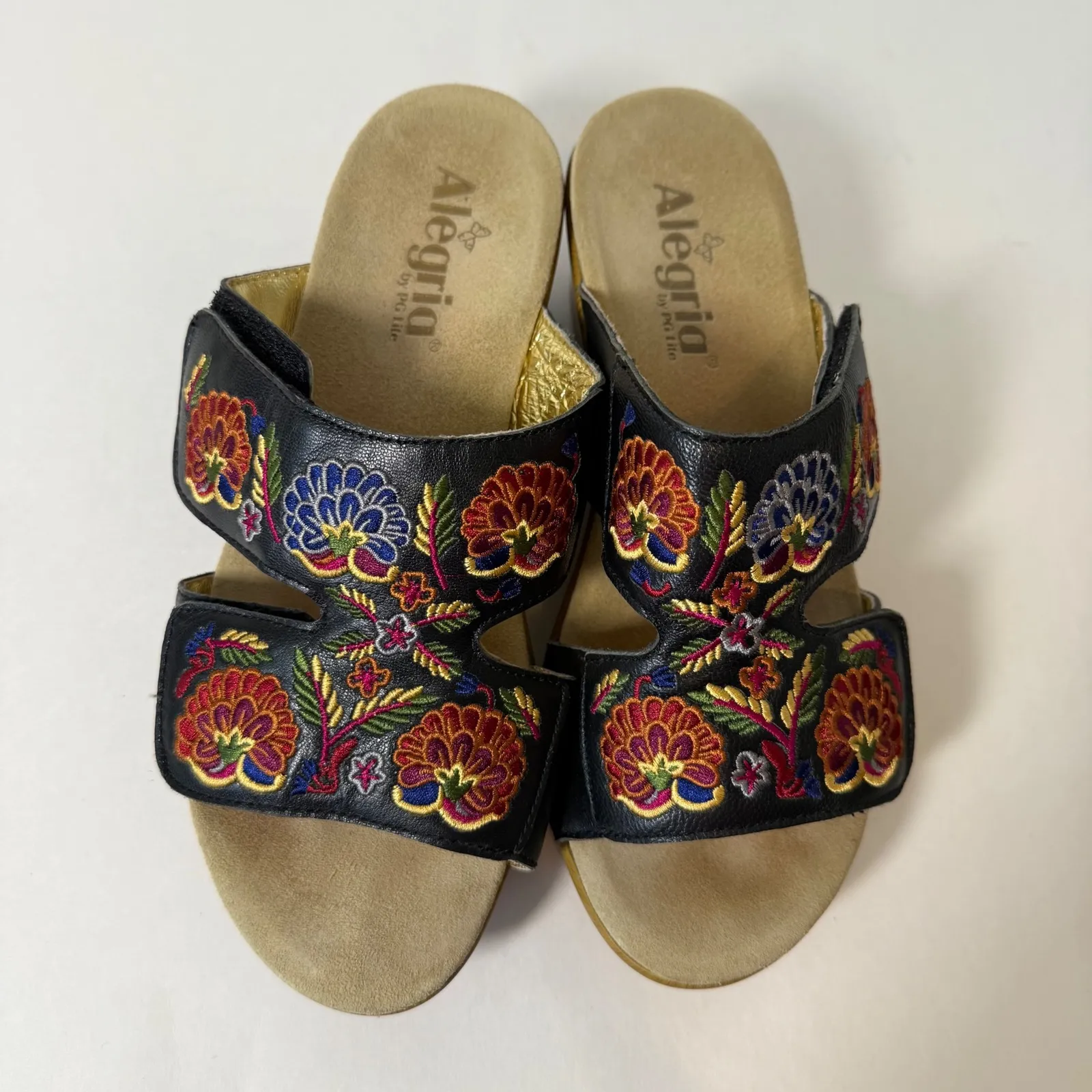 Alegria Lite Women's Embroidered Leather Two Strap Wedge Sandals Sz 39 Black Red - Image 7