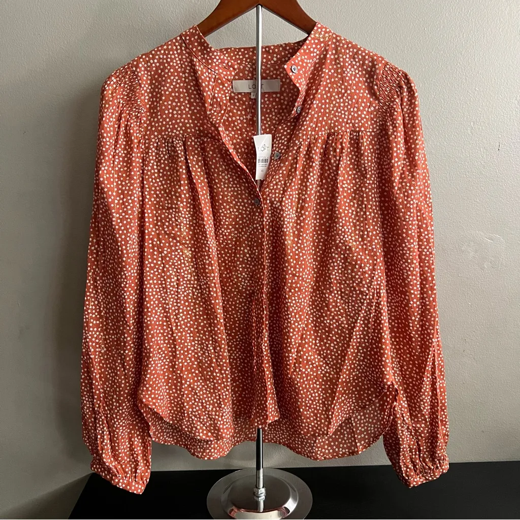 Women’s New Loft Orange Shimmer Stripe Dotted Cotton Polka Dot Blouse Size XS - Image 2