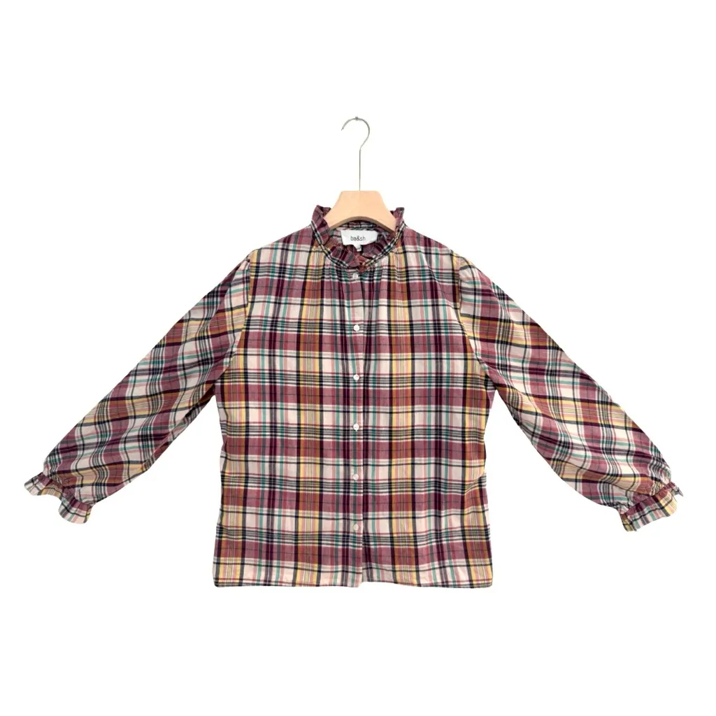 Ba&sh Womens Medium Betsy Ruffled Plaid Button Down Shirt Beige Multi Check Fall - Image 4