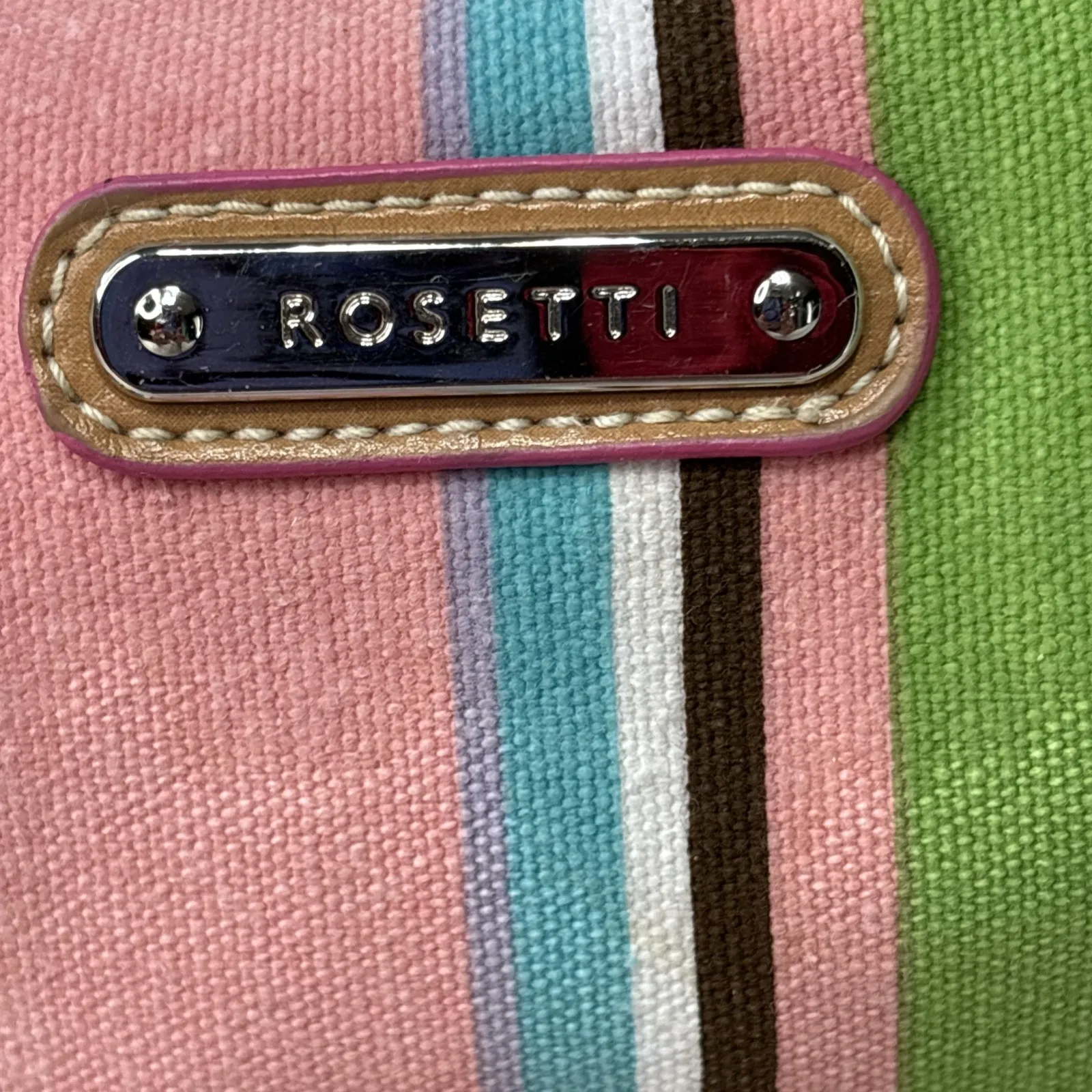 Rosetti Multicolor Striped Canvas Tote Bag Tan Faux Leather Trim‎ Shoulder Purse - Image 2