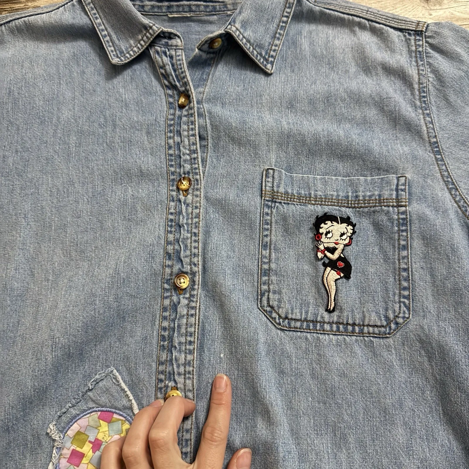 Custom Betty Boop Denim Top Women’s Vintage Patches Button-Up - See Measurements - Image 6