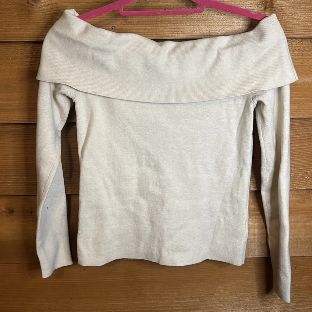 Loft Knit Off Shoulder Tan Oat Cotton Long Sleeve Elegant Sweater Lightweight M - Image 7