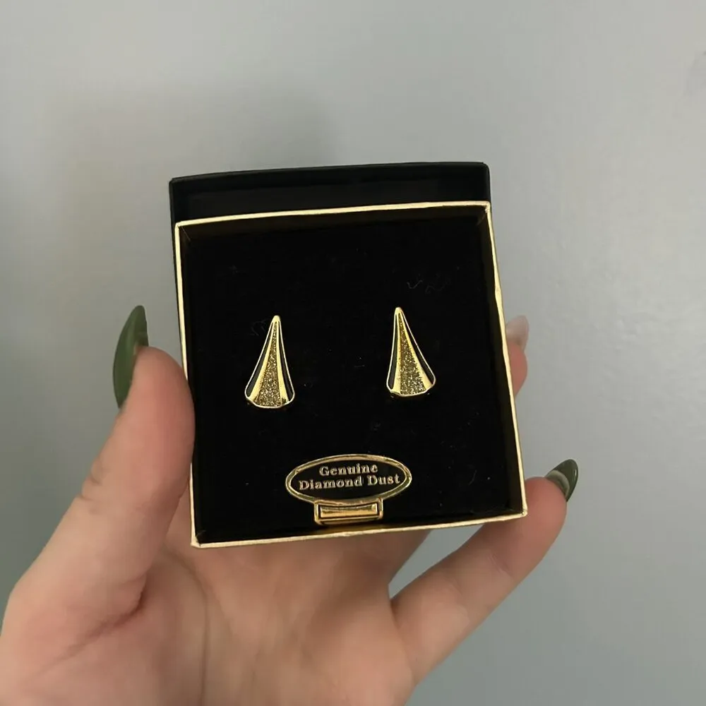 Genuine Diamond Dust Gold Toned Clip On Earrings Vintage Teardrop 90s Van Doran - Image 4