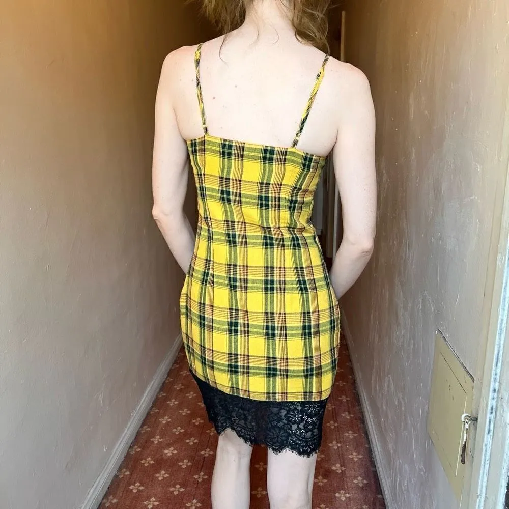 Missguided x Madison Beer Yellow Plaid Lace Trim Bodycon Mini Dress Strappy S 4 - Image 4
