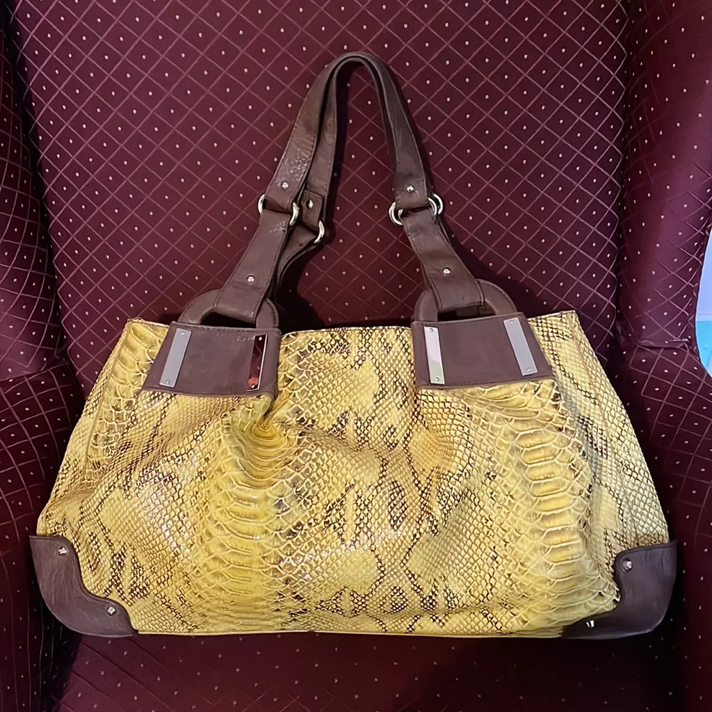 JESSICA SIMPSON Snake Print Hobo Faux Python Handbag, Yellow & Brown - Image 2