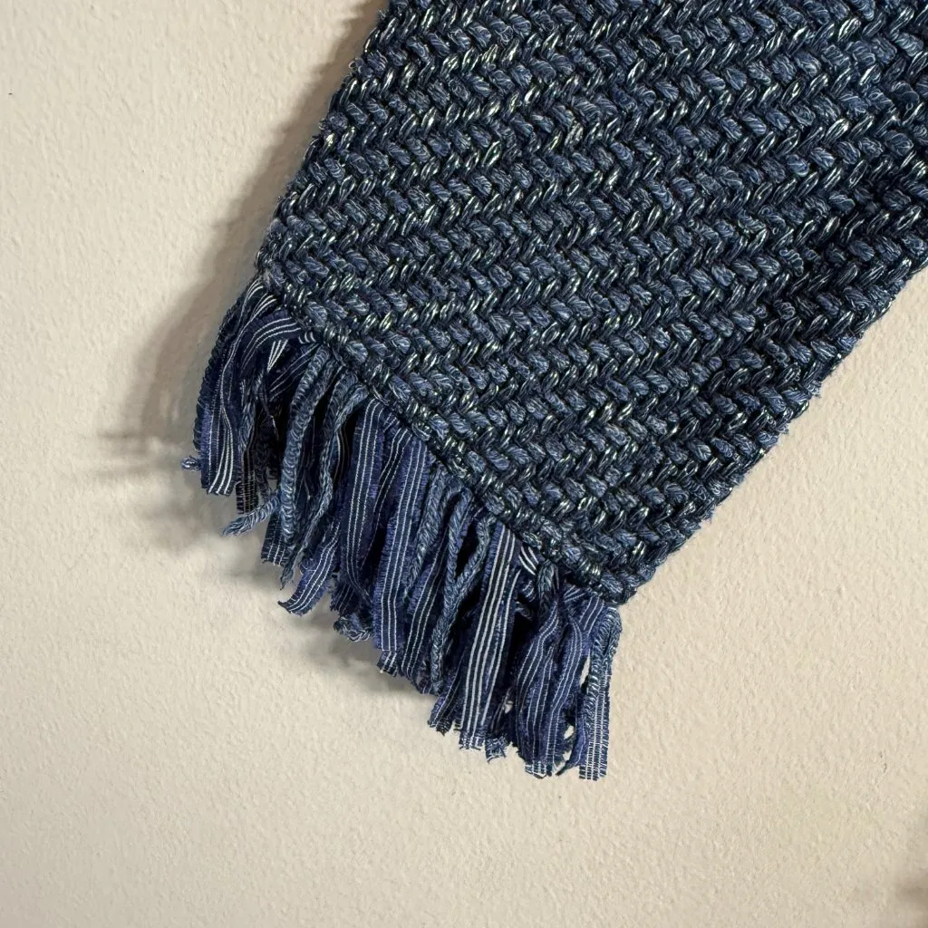 Maje Latino Fringed Sweater Pullover Womens 2 Medium Blue Tweed Coastal Designer - Image 7