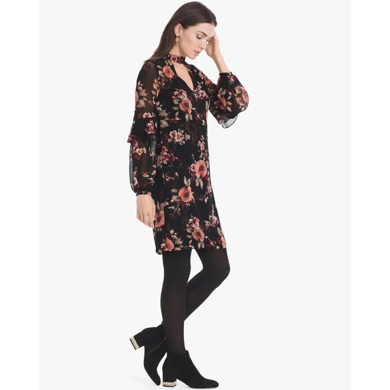 White House Black Market Black Long-Sleeve Floral Choker Shift Dress - Image 3