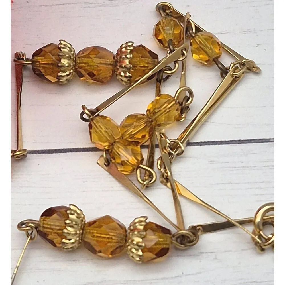 Vintage ACT II Gold Tone & Amber Color Bead Bar Link Collar Necklace 22" Dainty - Image 8
