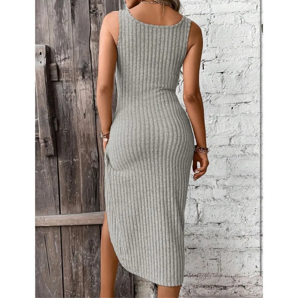 NEW Tank Ribbed Knit Twist Front Wrap Asymmetrical Hem Midi Dress S Gray - Image 2