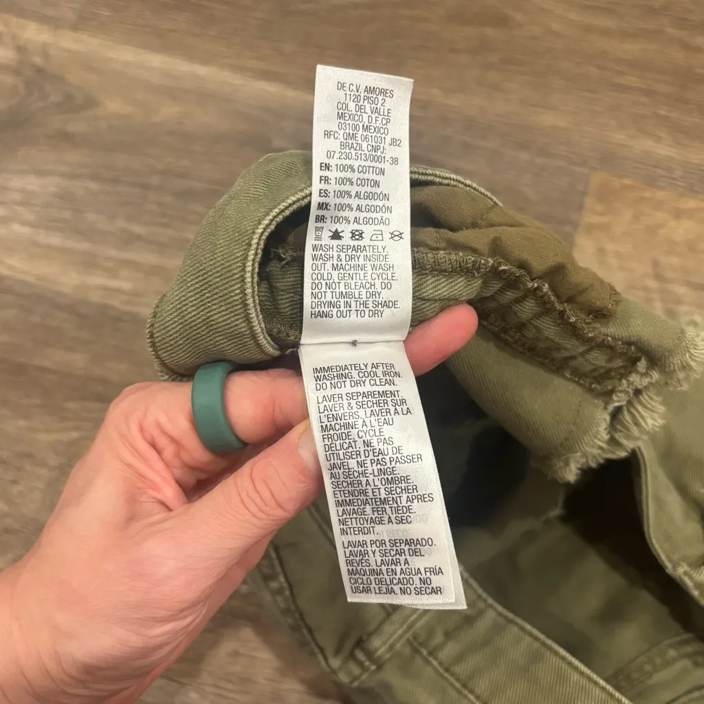 Roxy Low Rise Raw Hem Denim Shorts Army Green w/ Black/White Side Detail Size 26 - Image 5