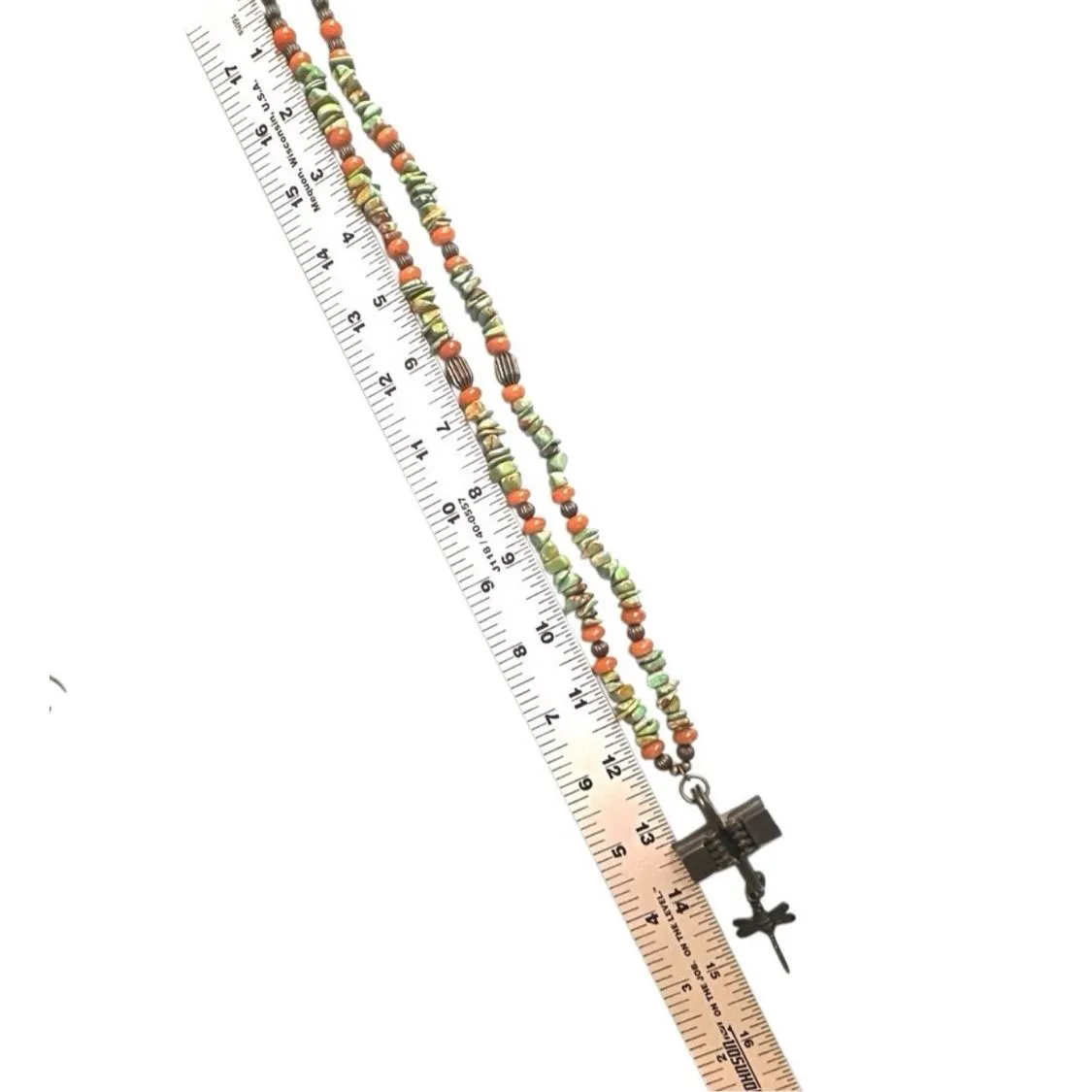 Stabilized Turquoise & Carnelian Beaded Necklace with Industrial Cross & Dragonf - Image 9