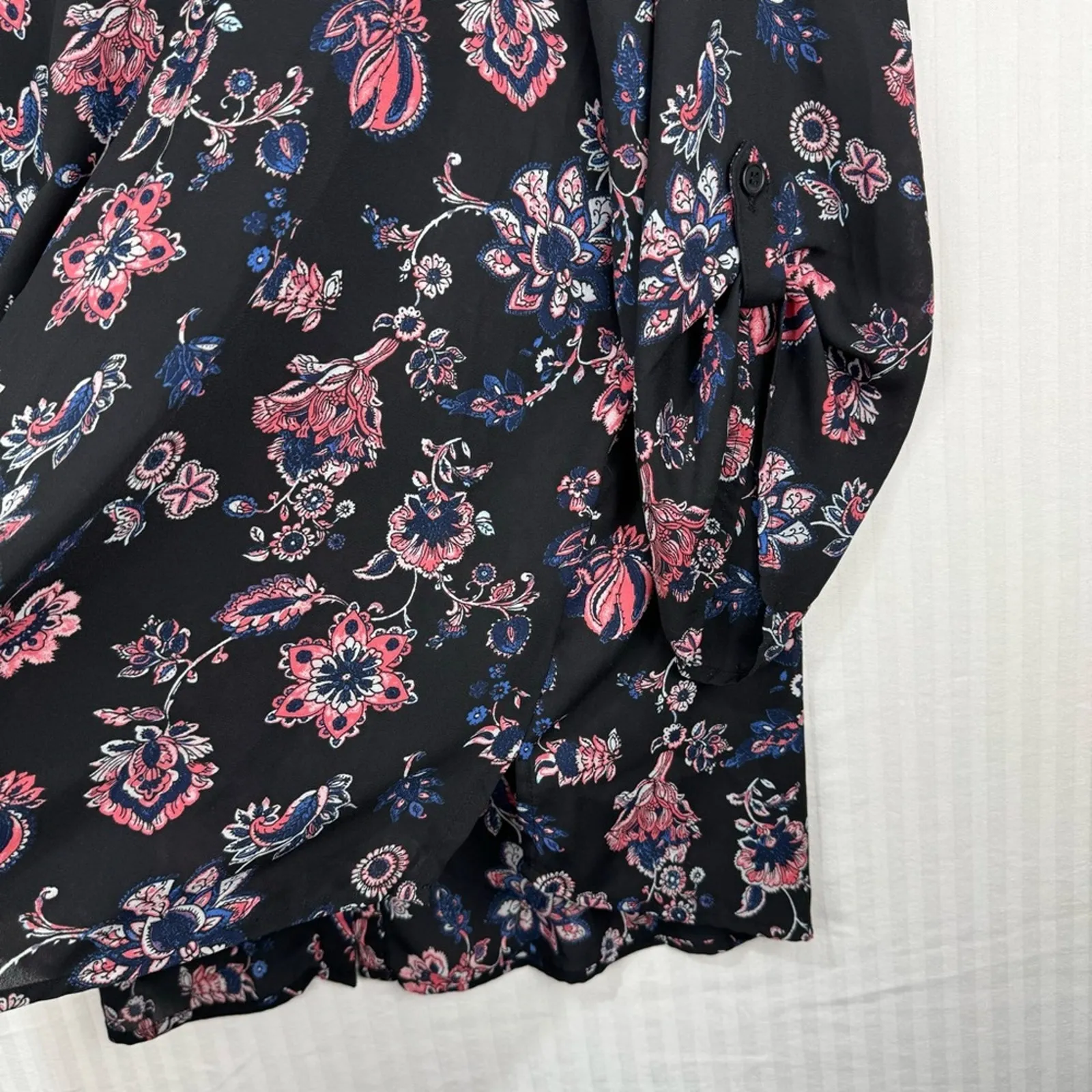 Catherine’s Black Peasant Blouse Women 2X Sheer Button Up Boho Chic Pink Floral - Image 5