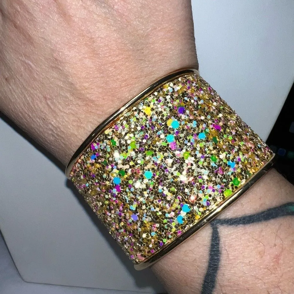 Gold Tone Large Chunky Iridescent Sparkle‎ Cuff Bracelet - Image 3